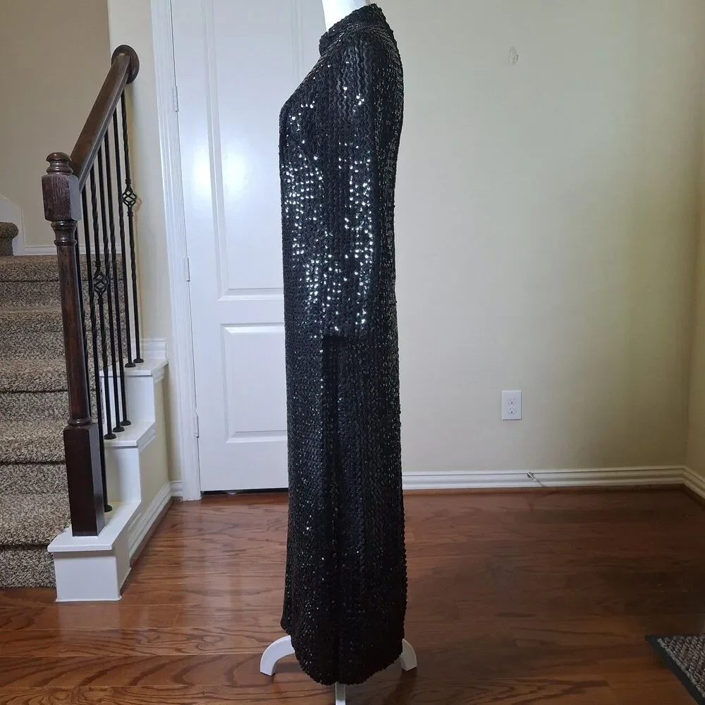Vintage Union 70s Black Sequin Evening Gown US12 Hollywood Red Carpet Black Tie